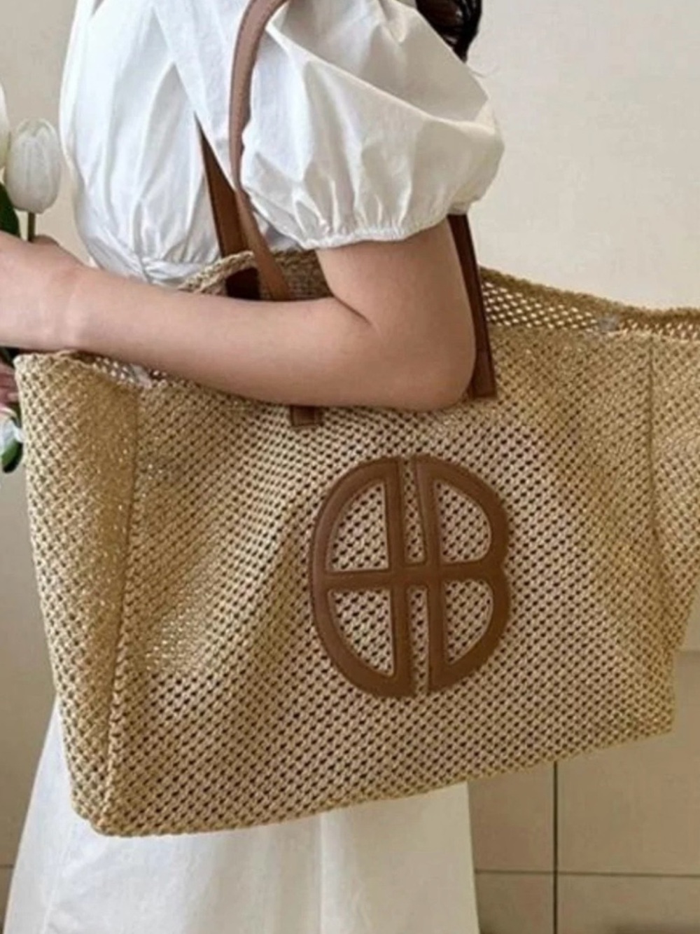 Woven Straw Tote with Brown Leather Trim - Natural - Picture 6 of 6
